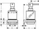 Hansgrohe Lotionspender mit einer rechteckigen Form, Sprühkopf oben und einer geraden Austrittsöffnung. Maße und genaue Details sind im technischen Zeichnungsformat dargestellt.